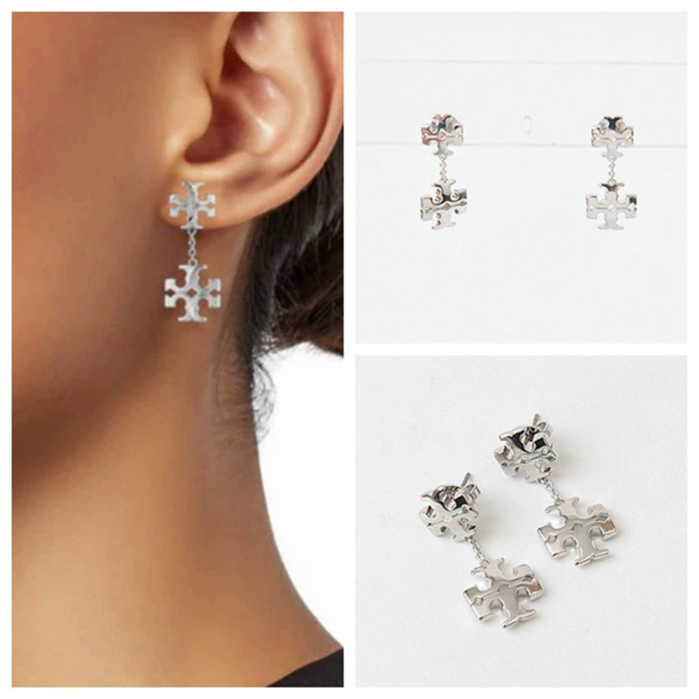 Tory Burch White Gold 3D Curved Square Double Logo Studs